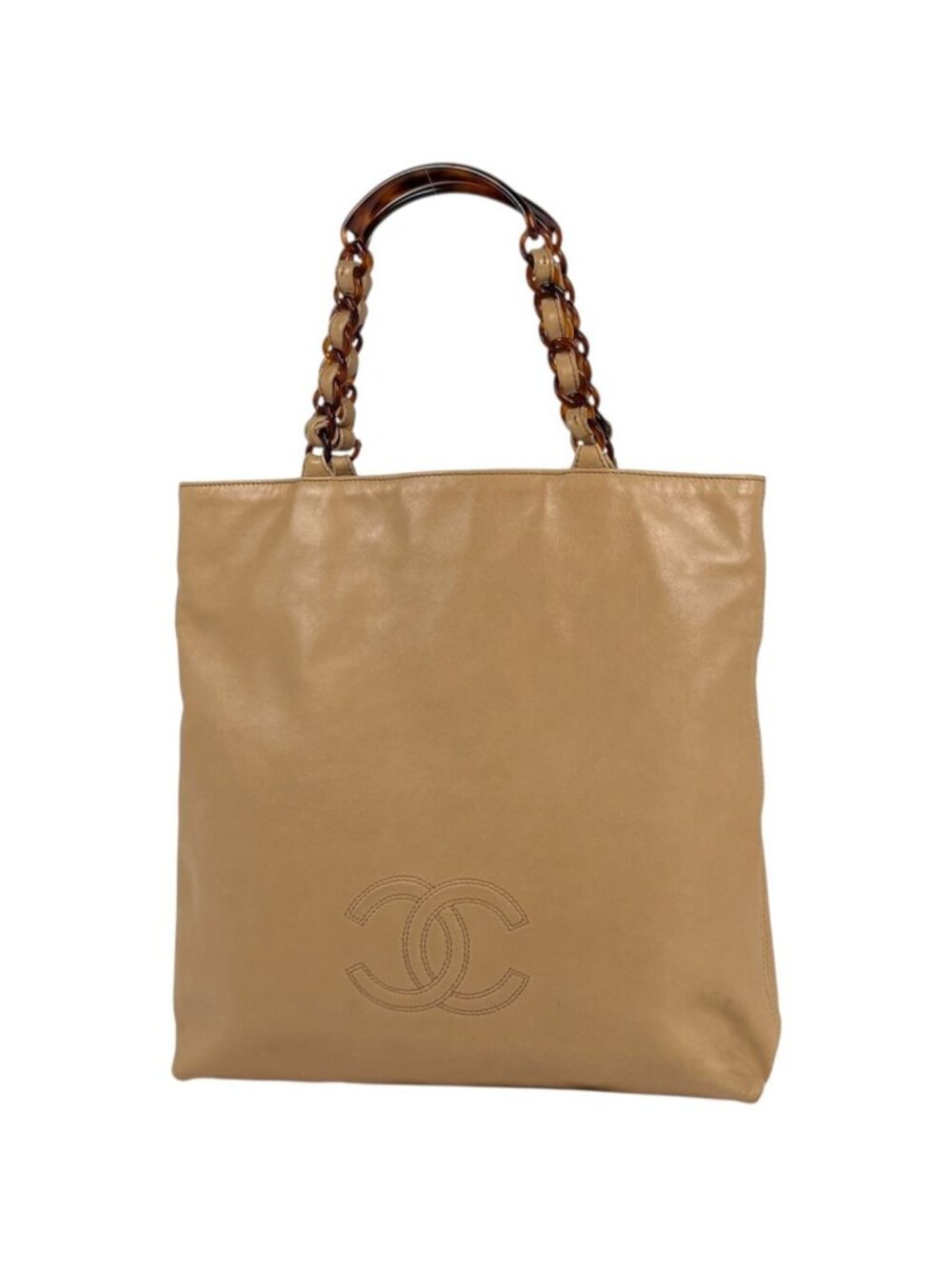 Chanel Tote Bag CC Logo Leather Beige
